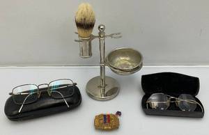 lot 147 image: Misc.Collectibles Including 110 12K Gold Filled Glasses, Antique Shaving Stand With Horse Hair Brush And More