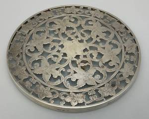 Sterling Silver Overlay Glass 6" Trivat Tray With Lily Design No Mongram