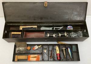 lot 179 image: Antique Metal Tackle Box With Antique Wooden Lures And More