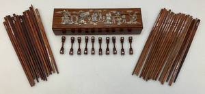 lot 242 image: Exquisite Large Group Of Wooden Oriental Chop Sticks With Ornate Wooden Box With Mother Of Pearl In lays
