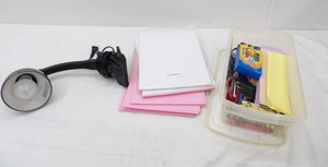 lot 25 image: Desk Lamp wclip, colored pencils, crayons, scissors, paper, storage tote
