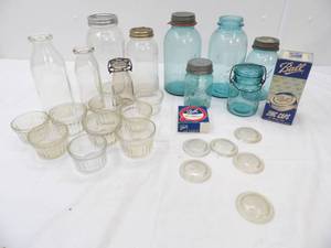 lot 28 image: Vintage Canning Jars, Milk Jars, Jelly Jars, Some lids