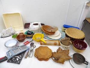 lot 36 image: Kitchenware, Vintage Serving Trays, Stoneware Bowls, Utensils, Mixer, Iron and more