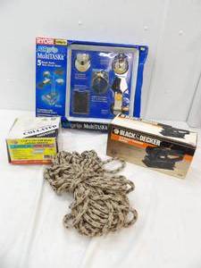 lot 38 image: Ryobi Multi Task Kit-new, Black & Decker Finishing Sander, Collated Fasteners, Rope