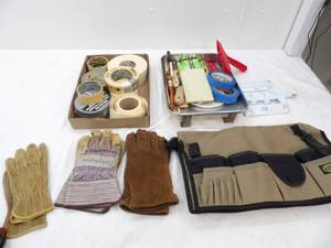 lot 40 image: Painting Supplies, Works Gloves, Tool Cache for 5 gallon bucket, variety of tape