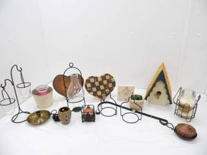 lot 56 image: Decor Lot Birdhouse, Candles, Clock, metal decor and more