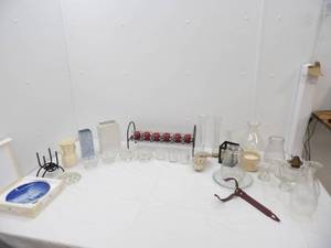 lot 57 image: Vintage Ceramic Vases, Oil Lamp Chimneys, Glass Oil Lamp, Metal Decor, Candles and more