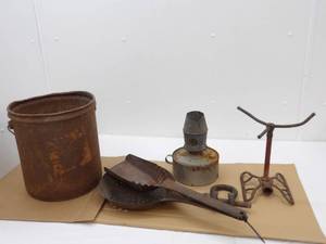 lot 68 image: Vintage Metal Bucket, Metal Oil Lamp, Sprinkler, and more