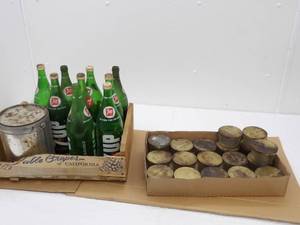 lot 73 image: Vintage 7-Up Bottles, Fruit Crate, Jelly Jars