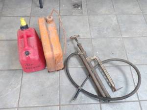 lot 75 image: Gas Can, Vintage Metal Gas Can, Vintage Brass and Cast Iron Hand Pump