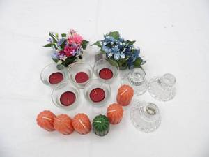 lot 96 image: Crystal Candlestick Holders (3ct) Glass Votive Candle Holders, Votive Candles & Tea Lights (NEW) and Artificial Flowers