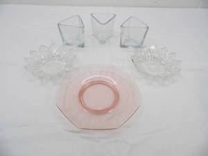 lot 101 image: Vintage Heisey Octagon Pink Depression Glass Plate, 3ct Libbey Votive Candle Holders, Vintage Federal Glass Petal Bowls 2ct
