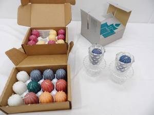 lot 113 image: Pair of PartyLite Quilted Crystal Votive-Candle Holders & 2 Boxes of Home Interiors Votive Candles (NEW in box)