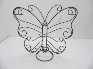 lot 128 image: Black Metal Butterfly Candle Holder. New with Tags. 19 wide by 21 tall