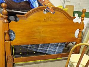 lot 137 image: Matching Queen Size Headboard and Tri-Folding Mirror. Country French Style. Lot includes the metal bed frame for headboard