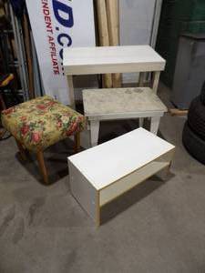 lot 140 image: Vintage Padded Ottoman, White Pressed Wood Shoe Rack, 2 wooden side tables