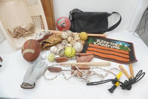 lot 143 image: Laundry basket with Sports Balls, Gloves, Camping Mat, Shoe Stretcher, Vintage Childs Play Ironing Board