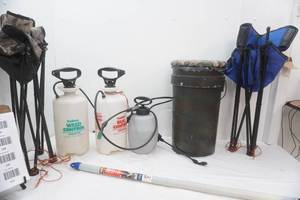 lot 149 image: Hunting Bucket with Padded Seat, 2 Camp Chairs, 3 garden sprayers, 1 rifle cleaning tool