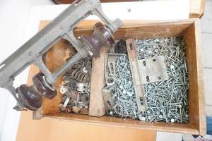 lot 150 image: Vintage Wooden Bucket with hardware. Nails, telephone insulators