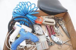 lot 158 image: Hand Tools and Hardware staplers, scissors, snip, bike seat