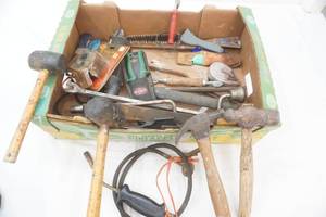 lot 161 image: Hand Tools heat gun, hammers, scraper, brush, malletts, pry bar, large files, torch head