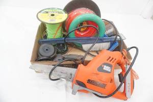 lot 162 image: Black & Decker Navigator Hand Saw, weed trimmer wire and parts, ice scrapers
