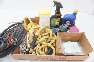 lot 164 image: Hose, Rope, Oil, Turtle Wax Wet Shine, Tow Hooks