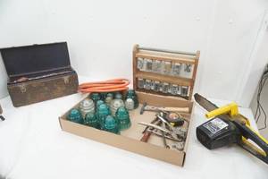 lot 175 image: Electric Chain Saw, AIr Hose, Hardware, Vintage Tool Box, Variety of Tools, Vintage Glass Insulators