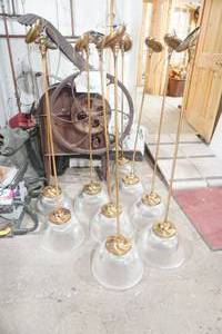 lot 194 image: 9 Restaurant Lamps. Glass & Brass Pendant Lights
