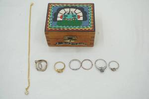lot 205 image: Wooden Jewelry Box with Rings and 1 Necklace