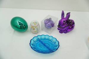 lot 217 image: Department 56 Metallic Rabbit Figurines, Vintage Indiana Glass Blue Divided Relish Dish and more
