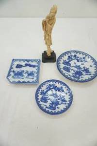 lot 239 image: Nabeshima Ware Porcelain Dishes & Asian Carved Figurine 8 tall