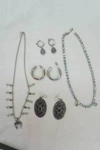 lot 266 image: Jewelry Lot Silver Toned Earrings and Necklace, Rhinestone Necklace