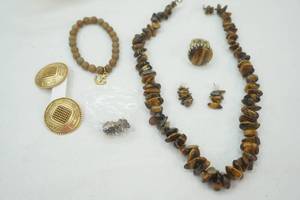 lot 272 image: Jewelry Lot Vintage Gold-Toned Earrings, Tigers Eye Chip Bead Necklace, Earrings & More