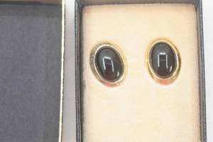 lot 279 image: Vintage Gold-Toned Earrings wBlack Oval Cabochons