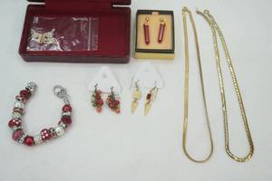lot 283 image: Gold-Toned Necklaces & Red & Silver-Toned Charm Beaded Bracelet, Earrings