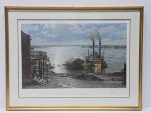 lot 81 image: Great Looking Large Framed Signed Numbered Robt E. Lee Riverboat Print by John Stobart - Natchez