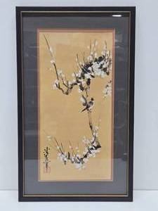 lot 82 image: Framed Signed Original Watercolor Painting by Vietnamese Artist Nguyen Van Lieu - Cherry Blossom wBirds