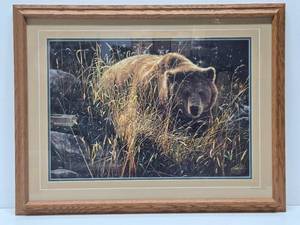 lot 84 image: Large Framed Signed Numbered GrizzlyBrown Bear Litho Print by Collin Bogle - Crossing Paths