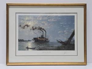 lot 85 image: Great Looking Large Framed Signed Numbered Riverboat Print by John Stobart - Night Run to Friars Point