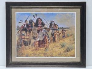 lot 90 image: Very Nice Larged Framed Signed Numbered Native American Print by Michael Gentry -Custers Nemesis