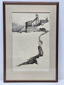 lot 91 image: Great Looking Vintage Original Watercolor by Ed Jagman - Snowstorm at the Mill