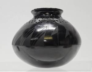 lot 116 image: Very Nice Signed Native American Black on Black Art Pottery Vase by Petra Camacho