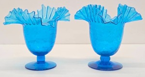 lot 203 image: Pair of Larger Vintage BLENKO Crackled Glass Ruffled Edge Blue Vases