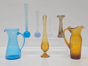 lot 209 image: Great Estate Lot of Mid Century Colorful Glassware #1 - Pitchers &amp Vases