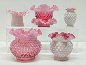 lot 212 image: Great Estate Lot of Mid Century Colorful Glassware #4 - Pink Hobnail etc