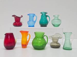 lot 214 image: Great Estate Lot of Mid Century Colorful Glassware #6 - Miniature BLENKO Crackled Glass Pitchers &amp Vases