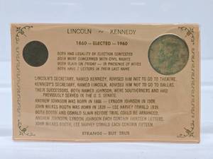 lot 251 image: Vintage Lincoln  Kennedy Similarity Card wCoins including 1964 Silver Half Dollar