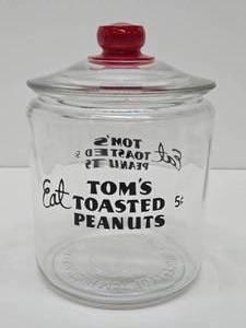 lot 223 image: Vintage 1950s era TOMS ROASTED PEANUTS Store Display Advertising Jar wLid