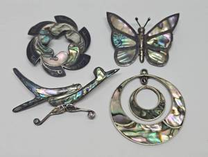 lot 314 image: Great Estate Lot of 4 Vintage 1950s-60s era Southwestern Sterling Silver &amp Abalone Brooches &amp Pendants&nbsp
